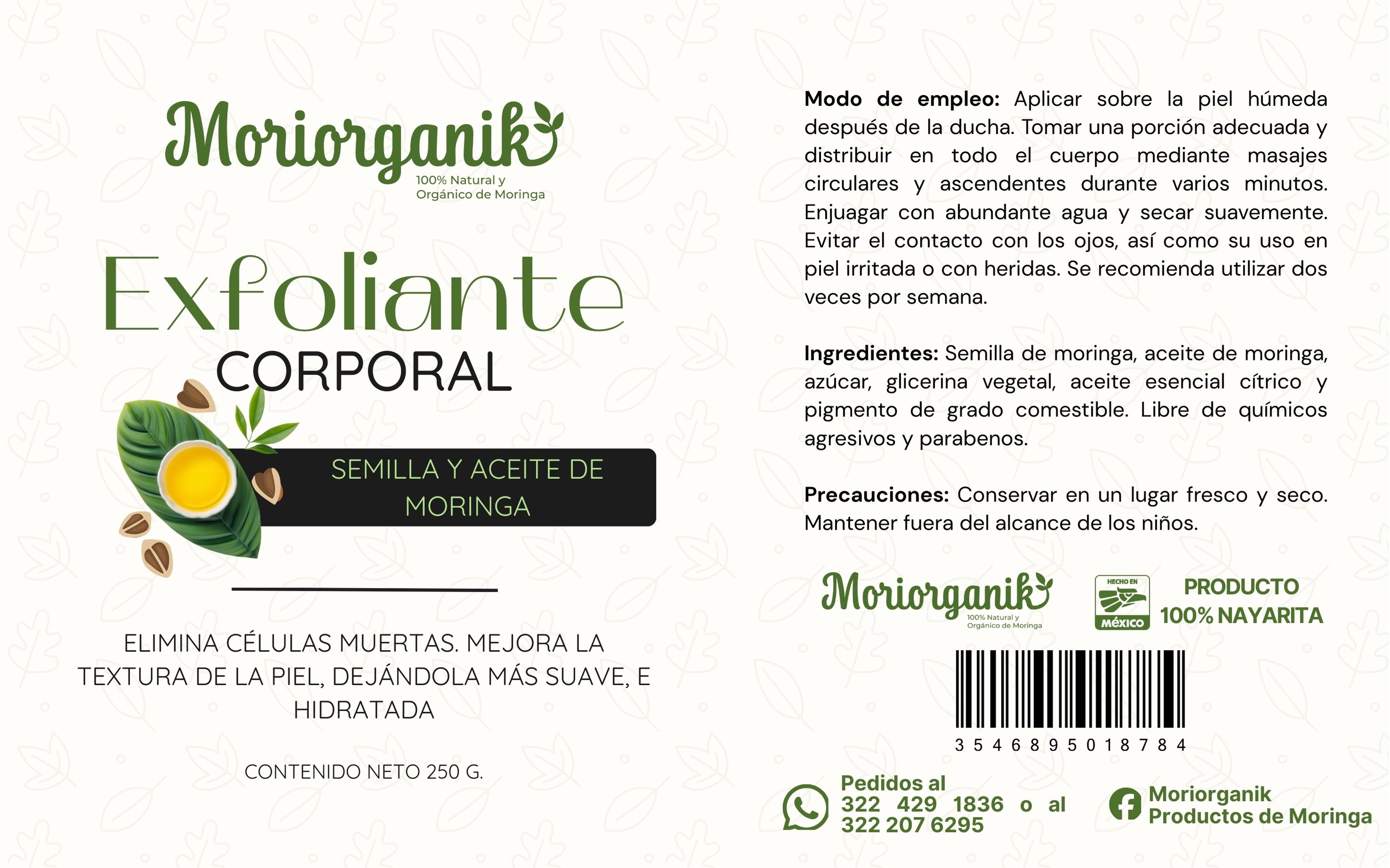 Etiqueta de exfoliante de moringa