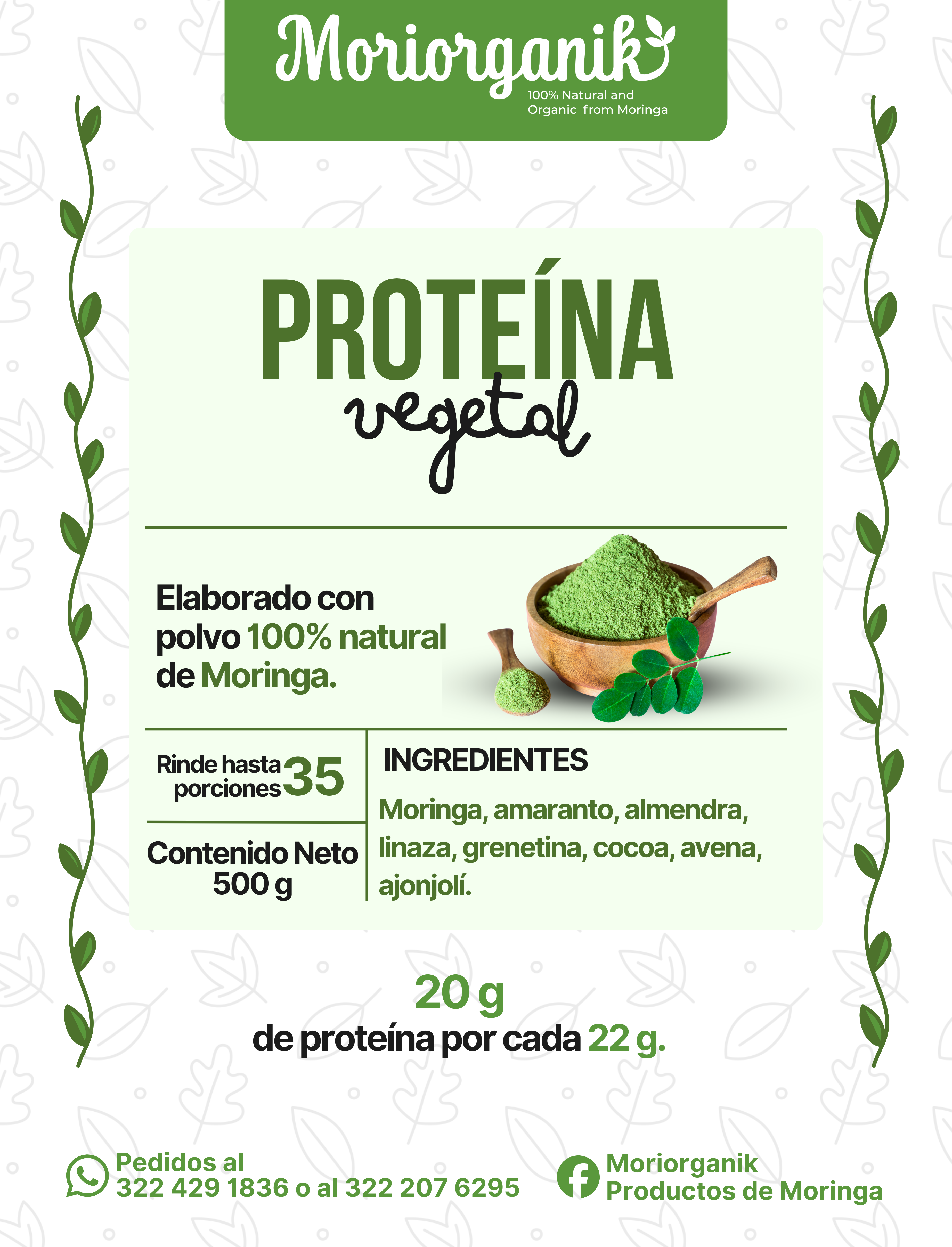 Etiqueta frente de proteina de moringa